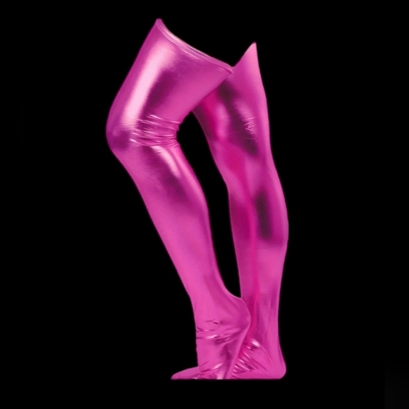HOT PINK metallic glitter one size fits most Thigh High stretchy stockin… - Picture 4 of 4